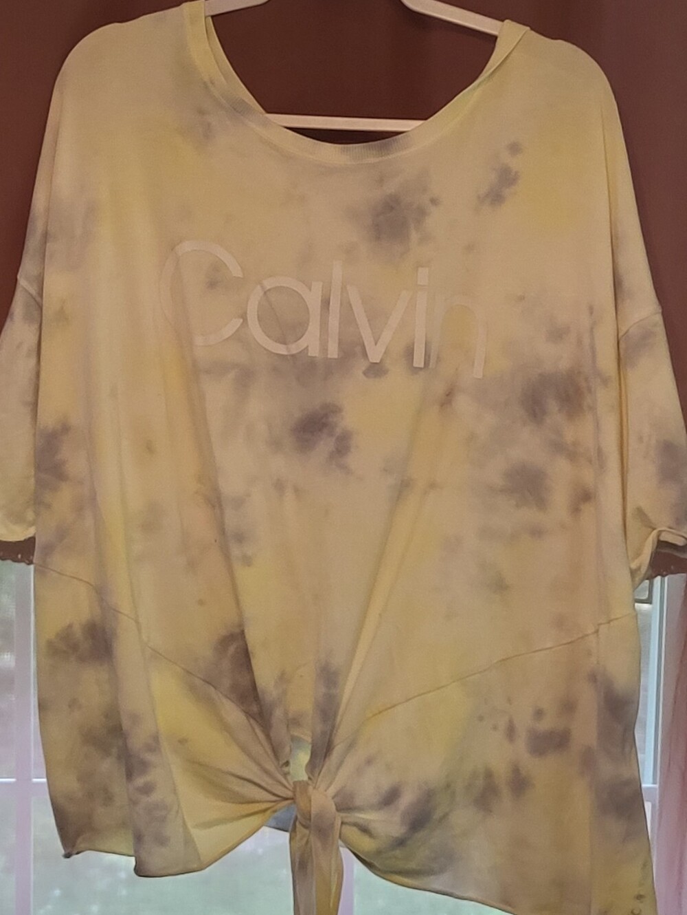 Calvin Klein 3xl Yellow and Gray Tie-Dye Short Sleeve Tie-Front Top